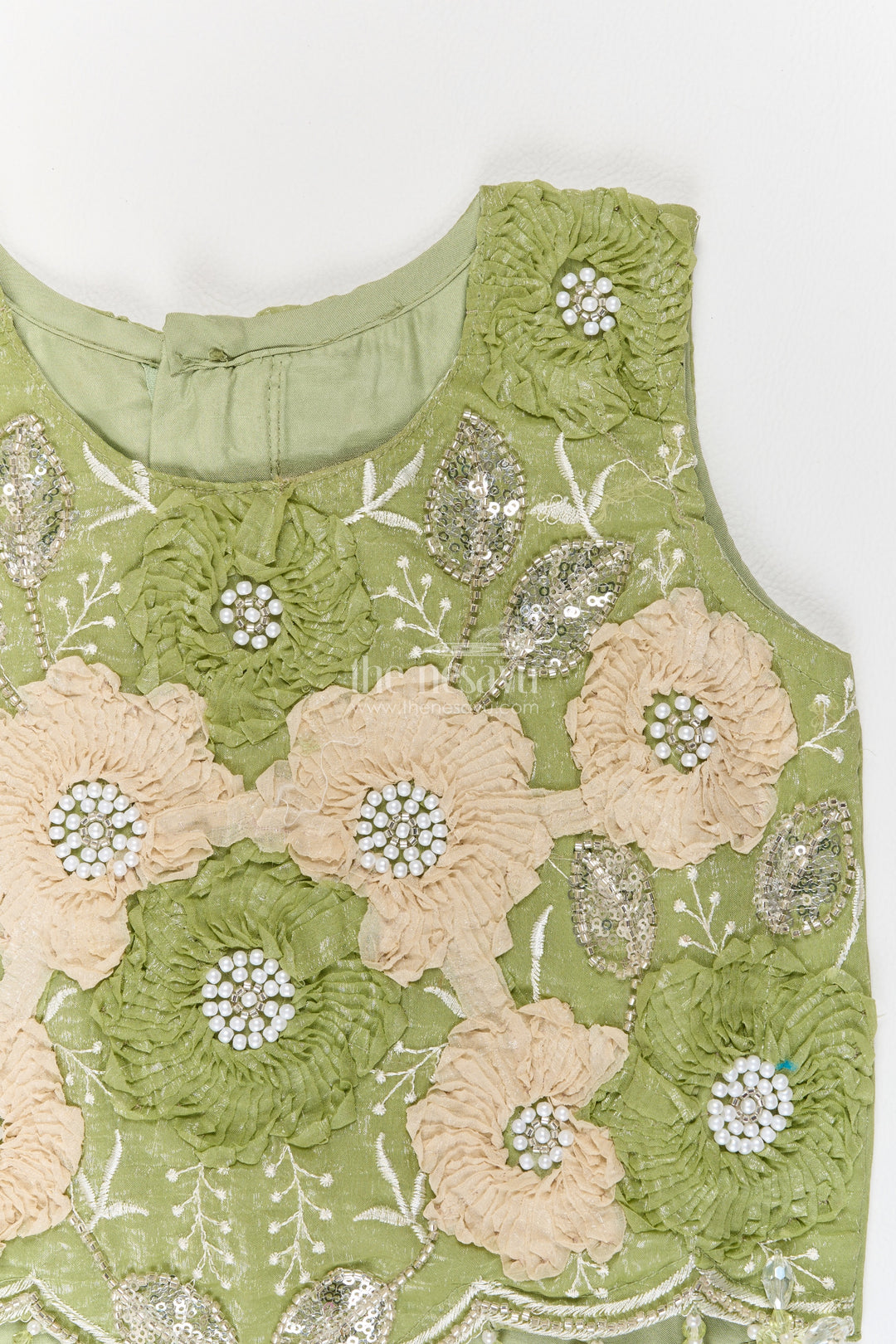 Girls Olive Green Flower Border Georgette Lehenga Choli