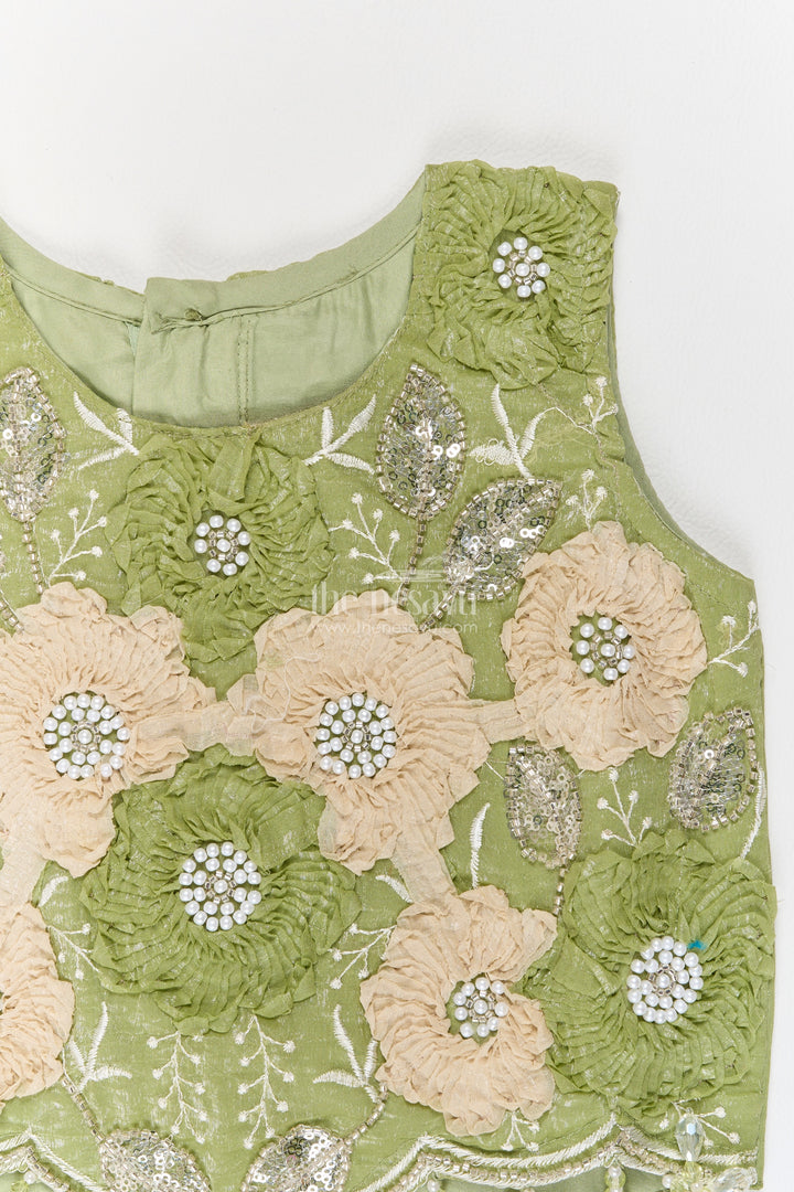 Girls Olive Green Flower Border Georgette Lehenga Choli