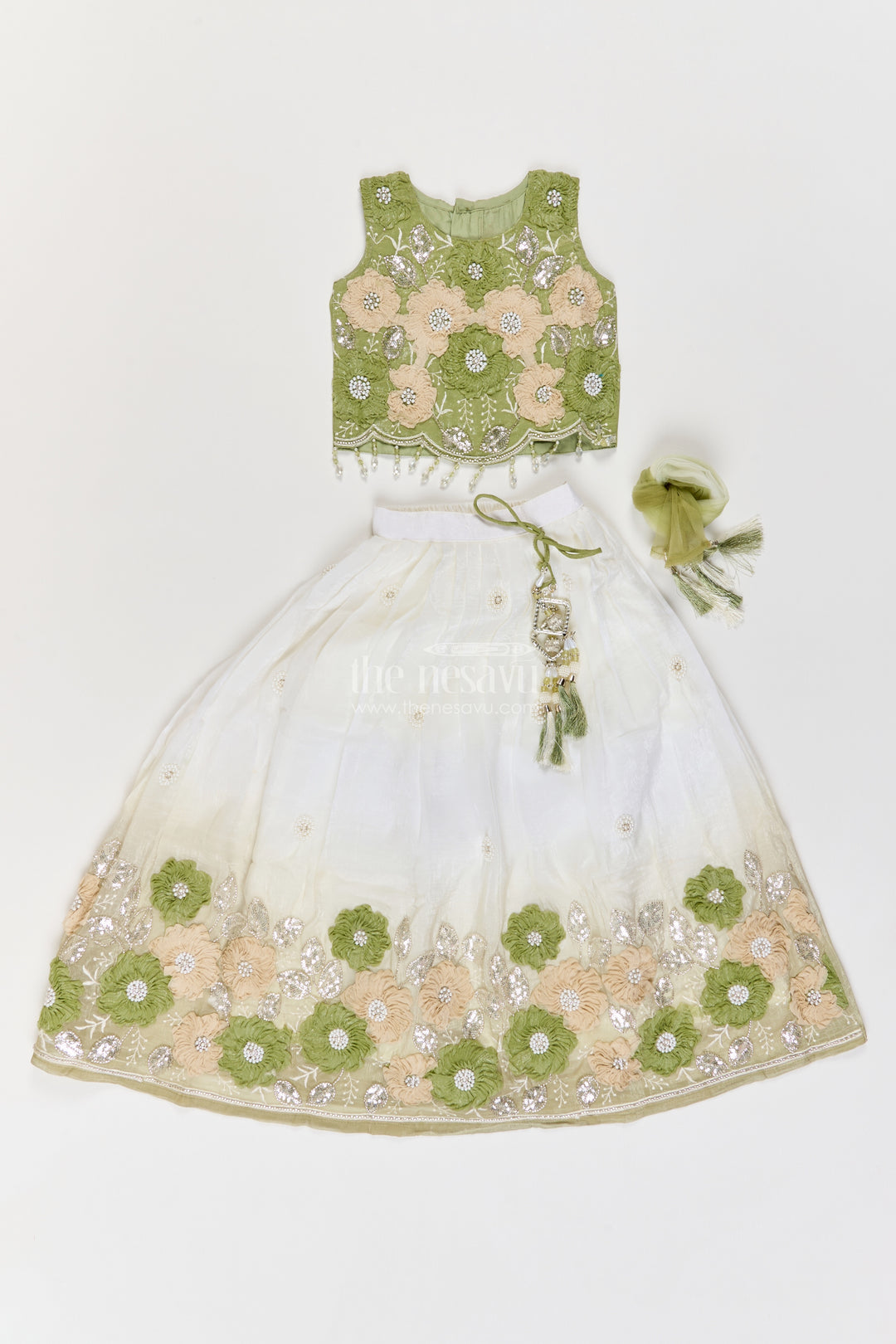 Girls Olive Green Flower Border Georgette Lehenga Choli