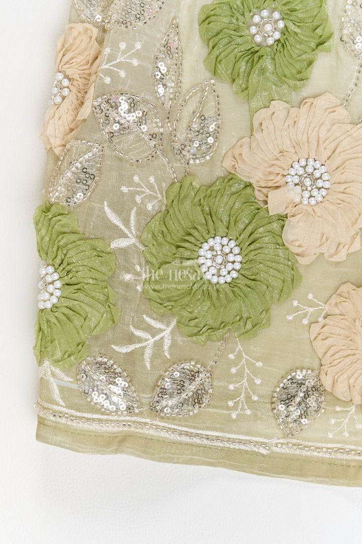 Girls Olive Green Flower Border Georgette Lehenga Choli