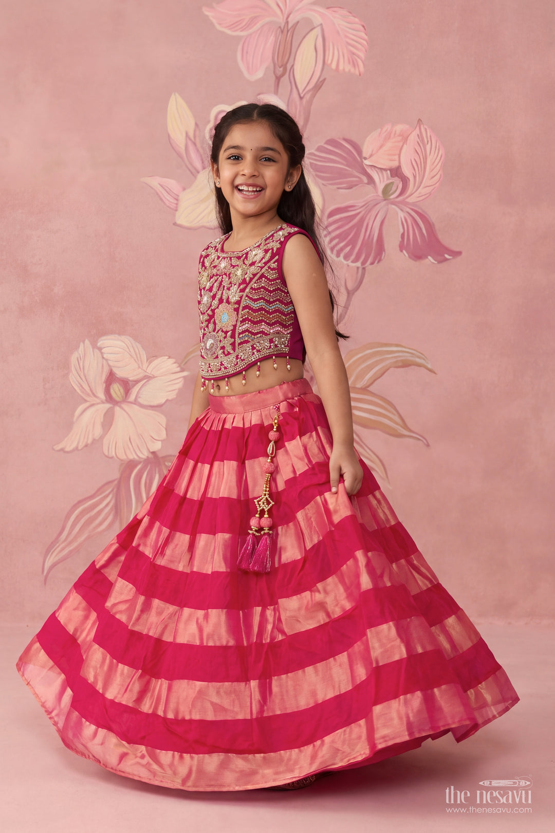 Girls Georgette Lehenga Choli in Rani Pink with Wide Stripe
