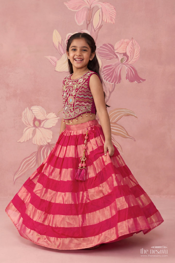Girls Georgette Lehenga Choli in Rani Pink with Wide Stripe