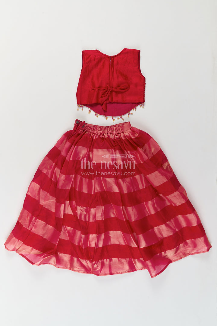 Girls Georgette Lehenga Choli in Rani Pink with Wide Stripe