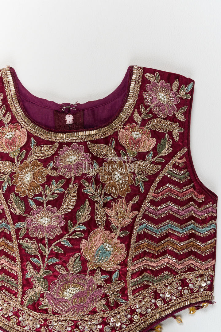Girls Wine Georgette Leaf Embroidered Stripe Lehenga Choli