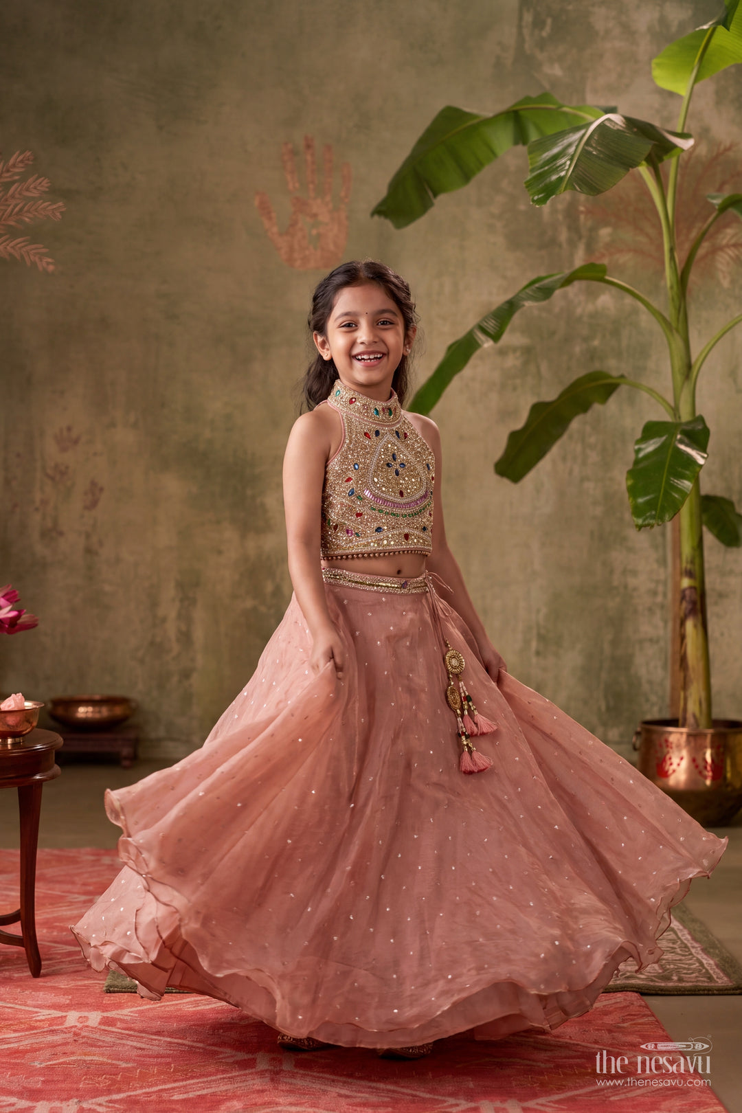 Girls Dusty Rose Tissue Silk Geometric Halter Lehenga Choli
