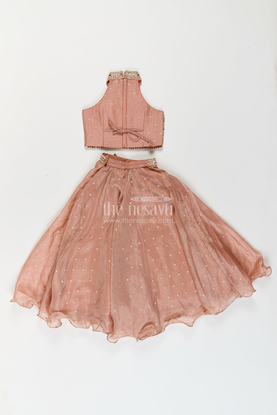Girls Dusty Rose Tissue Silk Geometric Halter Lehenga Choli