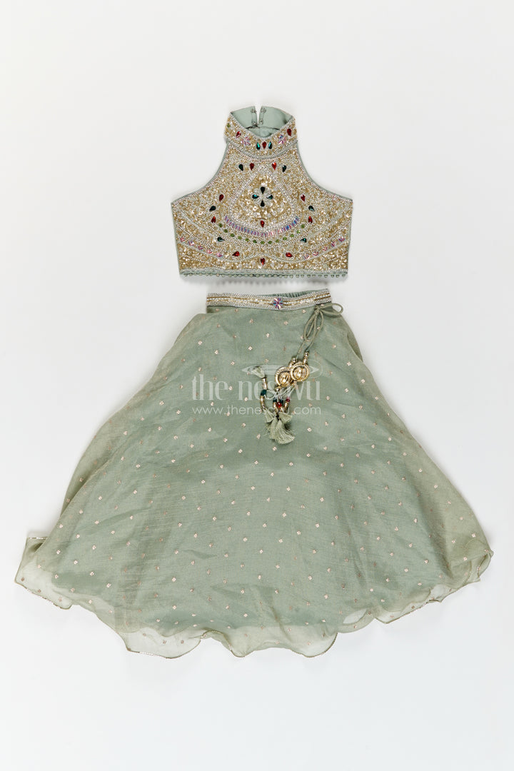 Girls Sage Grey Embellished Halter Tissue Silk Lehenga Choli