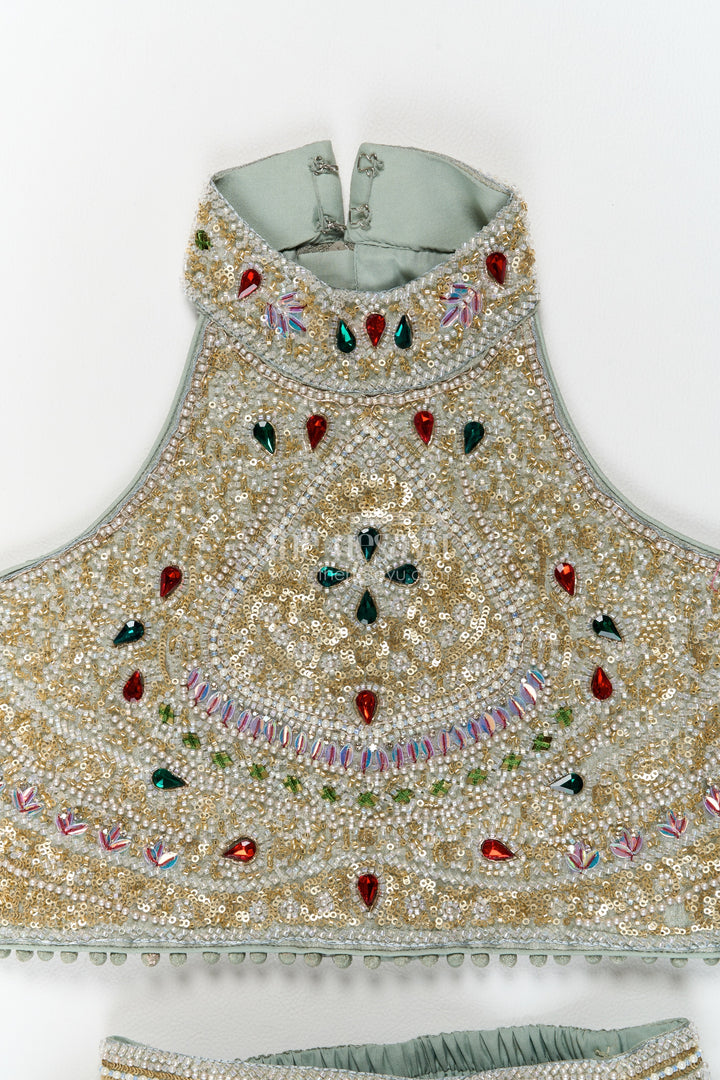 Girls Sage Grey Embellished Halter Tissue Silk Lehenga Choli