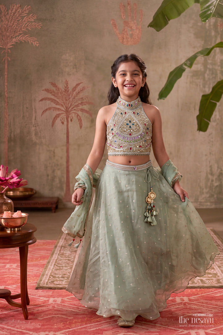 Girls Sage Grey Embellished Halter Tissue Silk Lehenga Choli