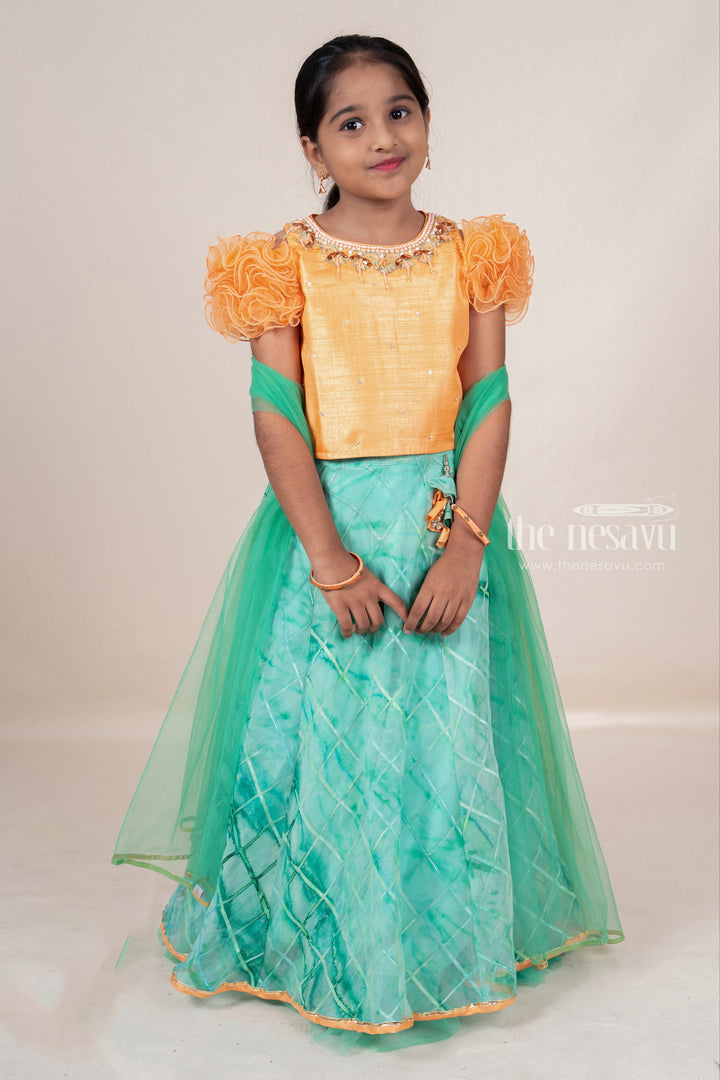 Hand Embroidery Orange With Green Soft Net Lehenga For Baby Girls