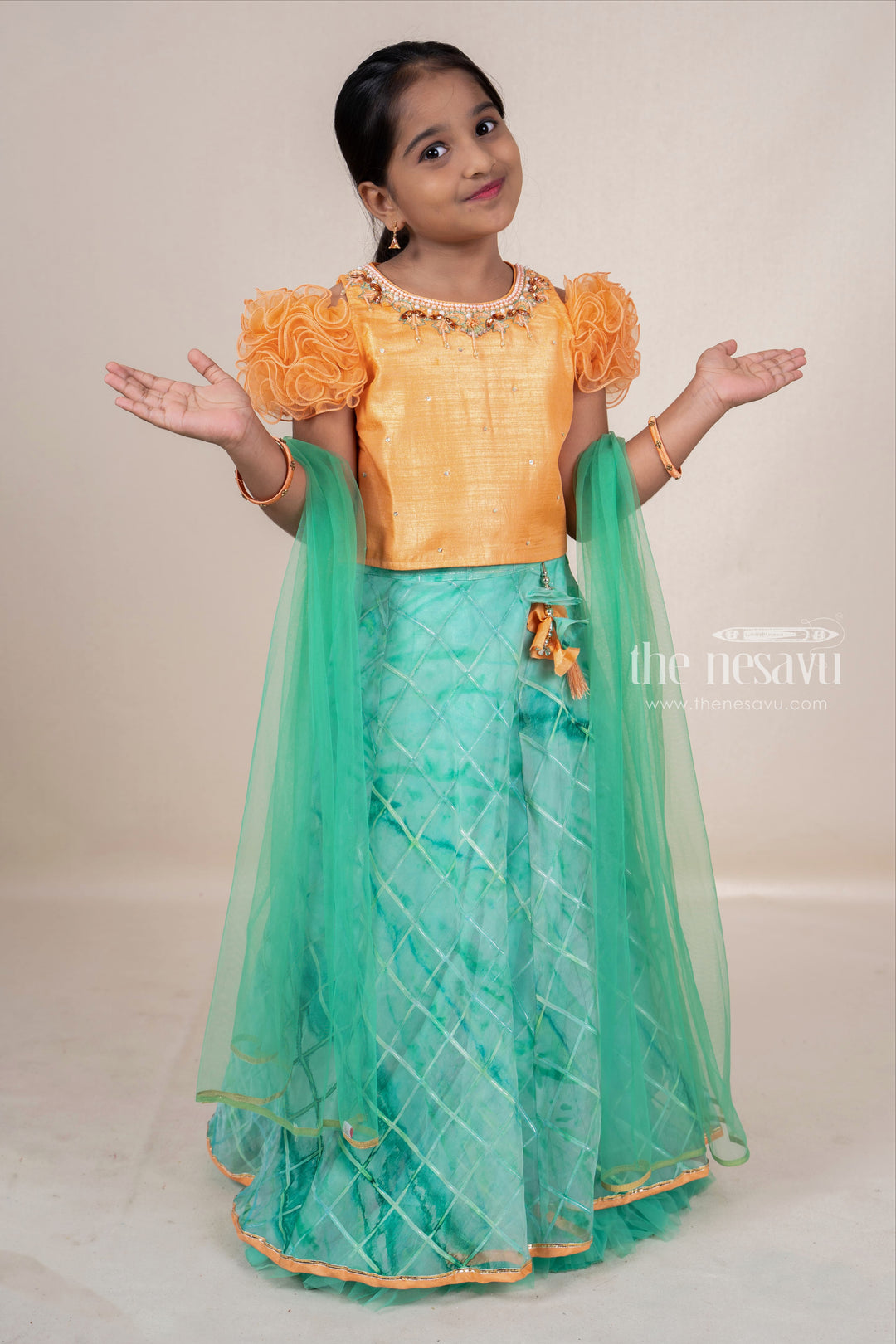 Hand Embroidery Orange With Green Soft Net Lehenga For Baby Girls