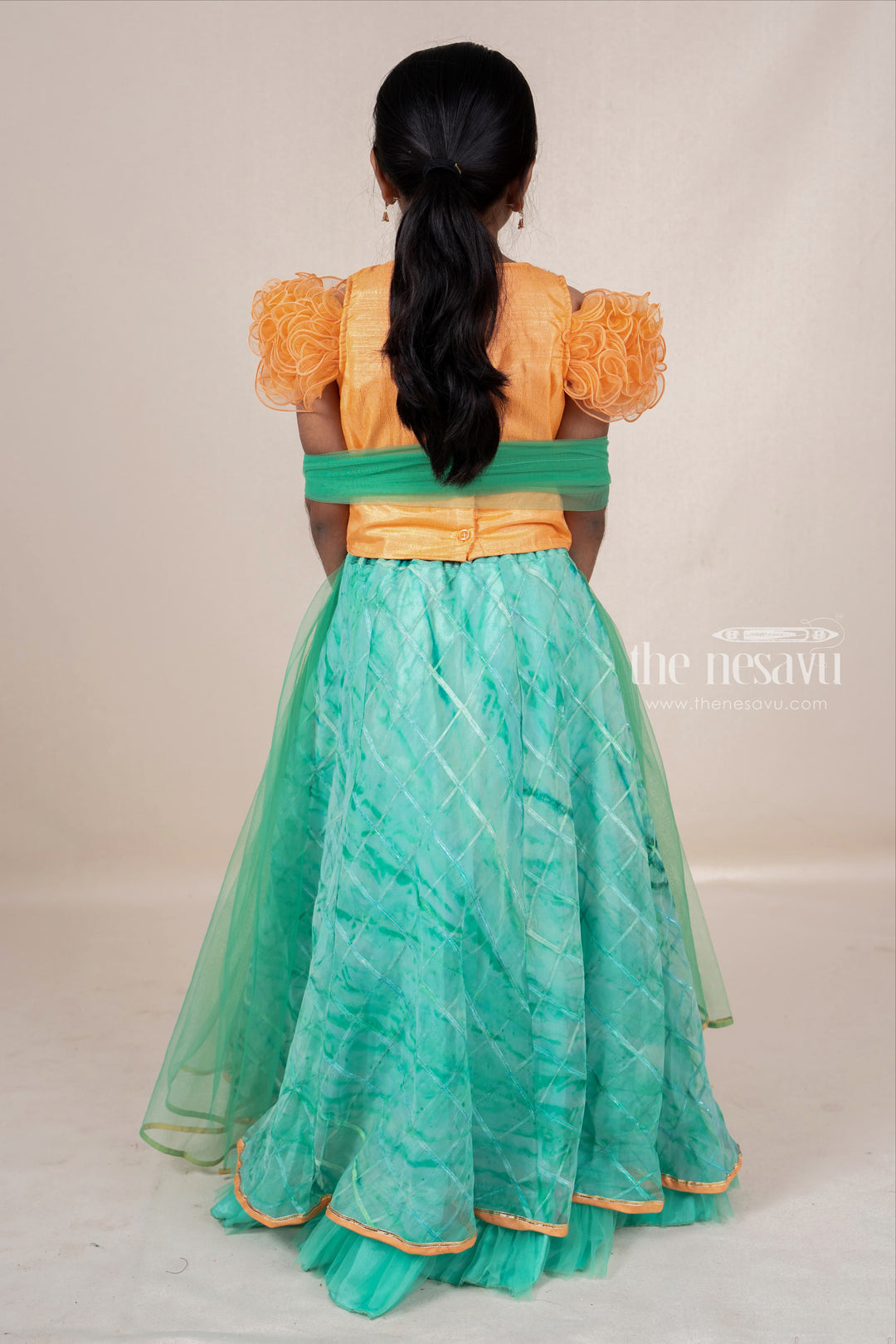 Hand Embroidery Orange With Green Soft Net Lehenga For Baby Girls