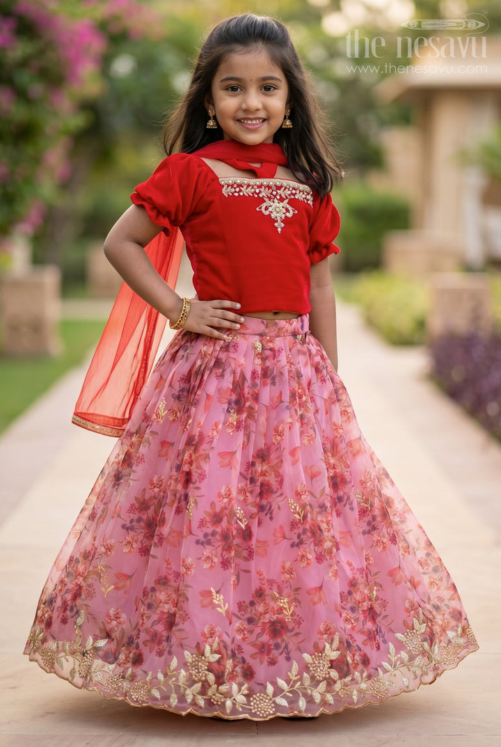 Hand Embroidered Pink Crop Top and Digital Printed Lehenga for Little Girls