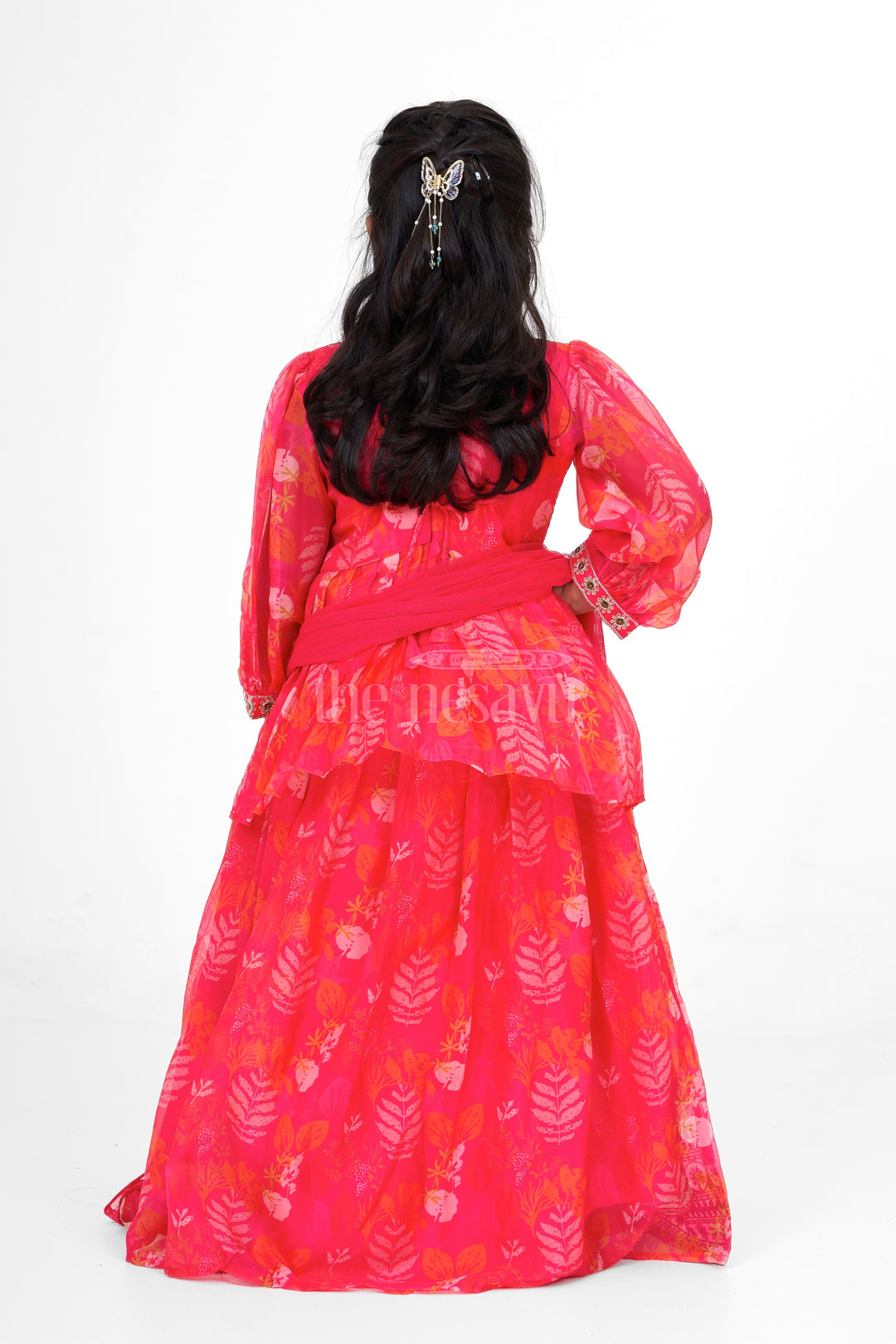 Red Girls Lehenga Choli with Floral Embroidery and Puffy Sleeves for Festive Events