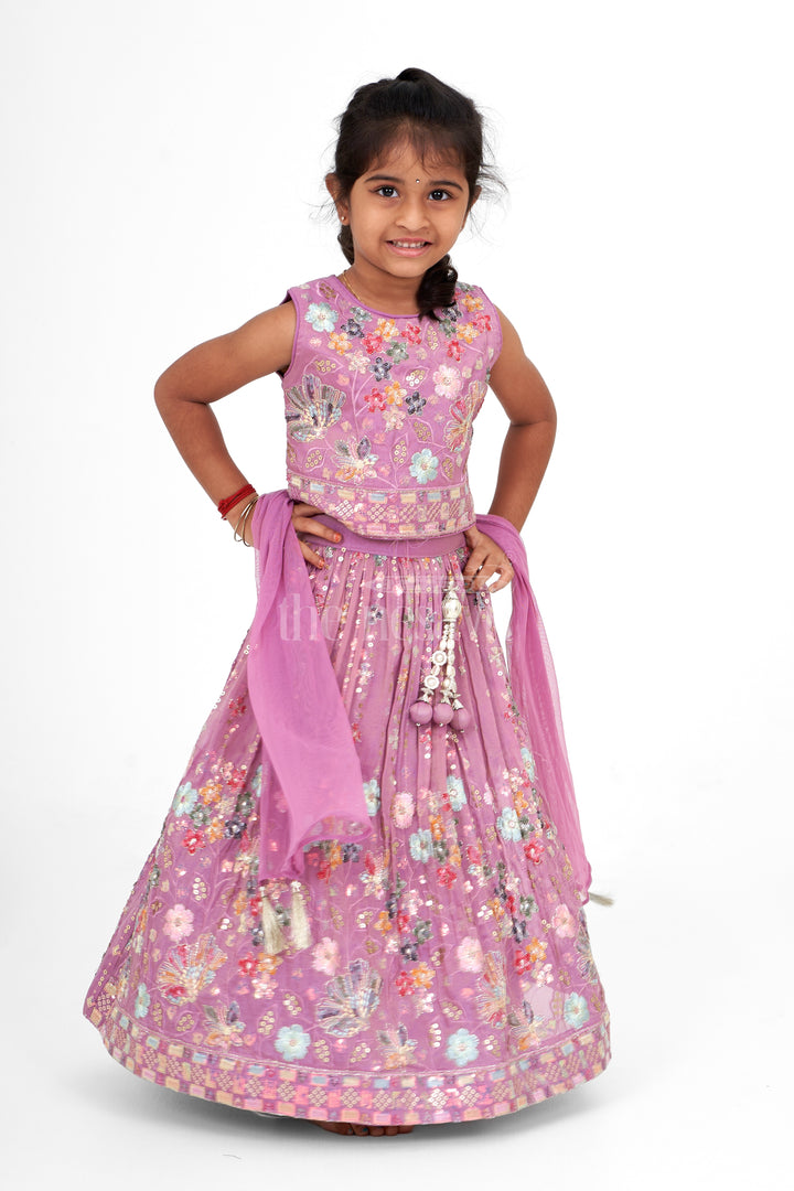 Girls Pink Lehenga Choli with Intricate Floral Embroidery and Tassel Embellishments