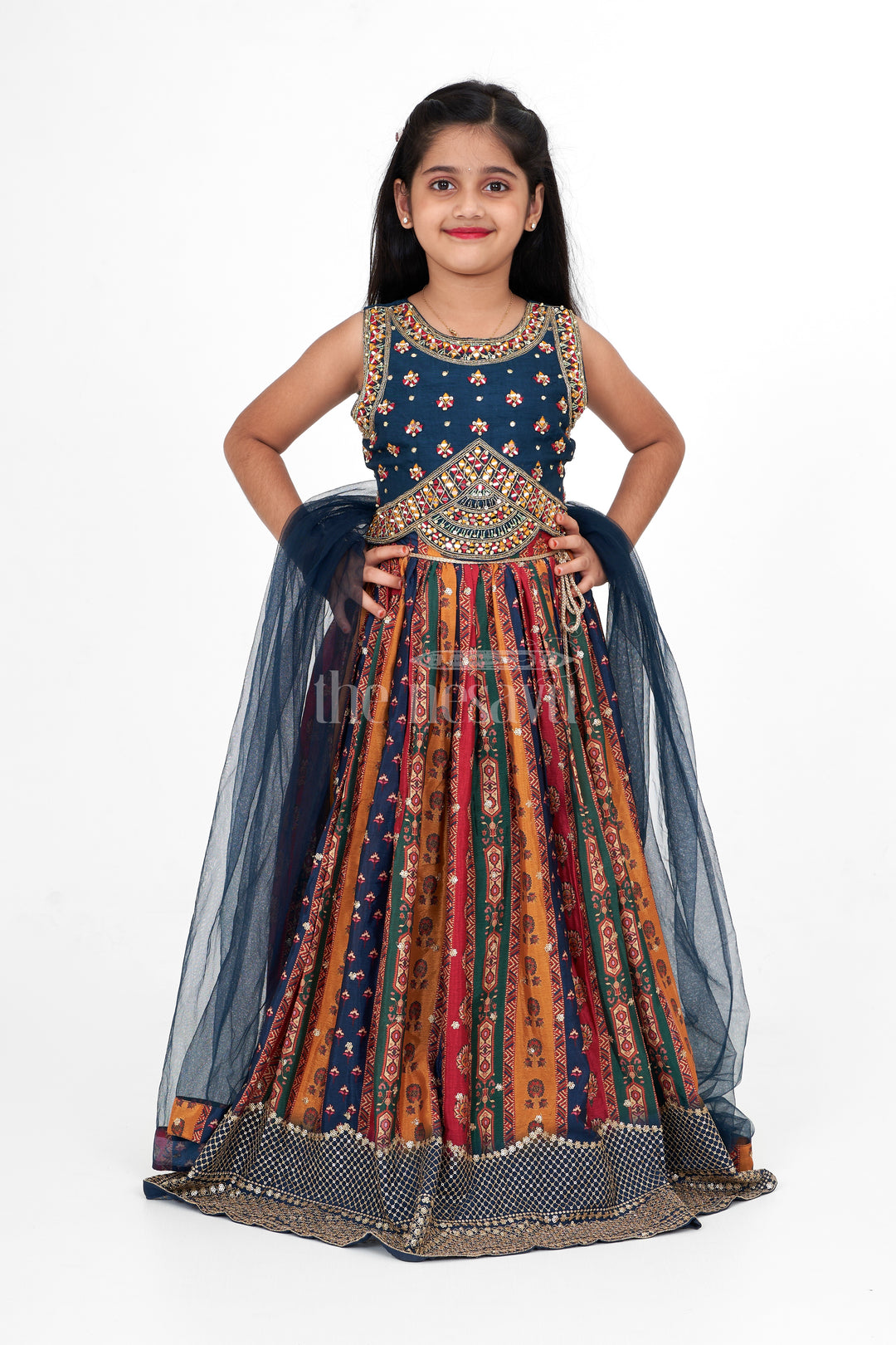 Multi-Colored Chinon Girls Lehenga Choli with Heavy Embroidery and Sleeveless Blouse