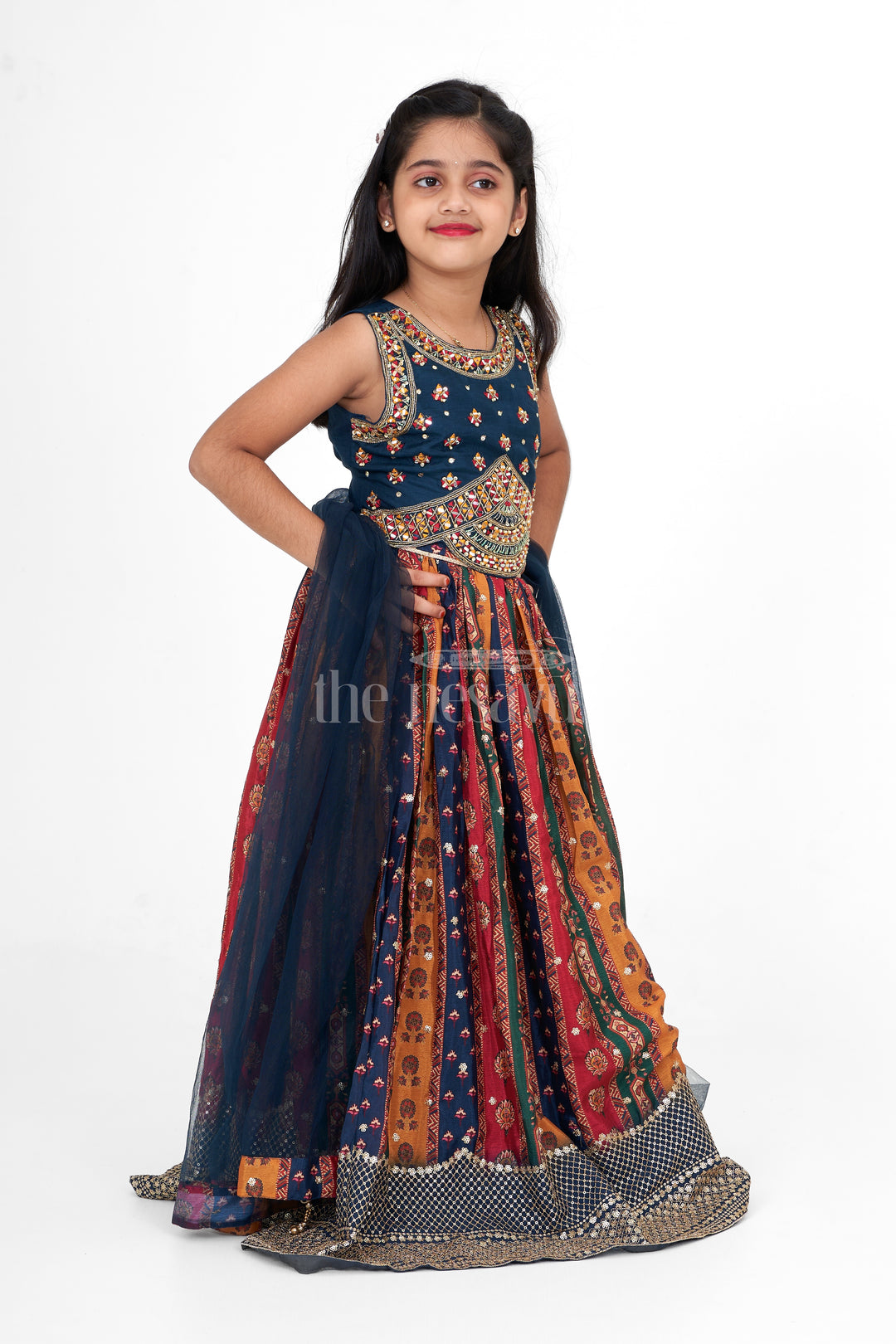 Multi-Colored Chinon Girls Lehenga Choli with Heavy Embroidery and Sleeveless Blouse