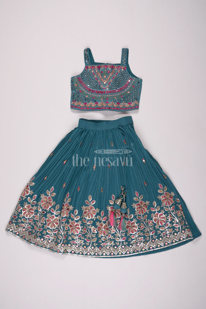 Teal Pure Viscose Silk Lehenga Choli for Girls with Floral Embroidery and Sleeveless Blouse