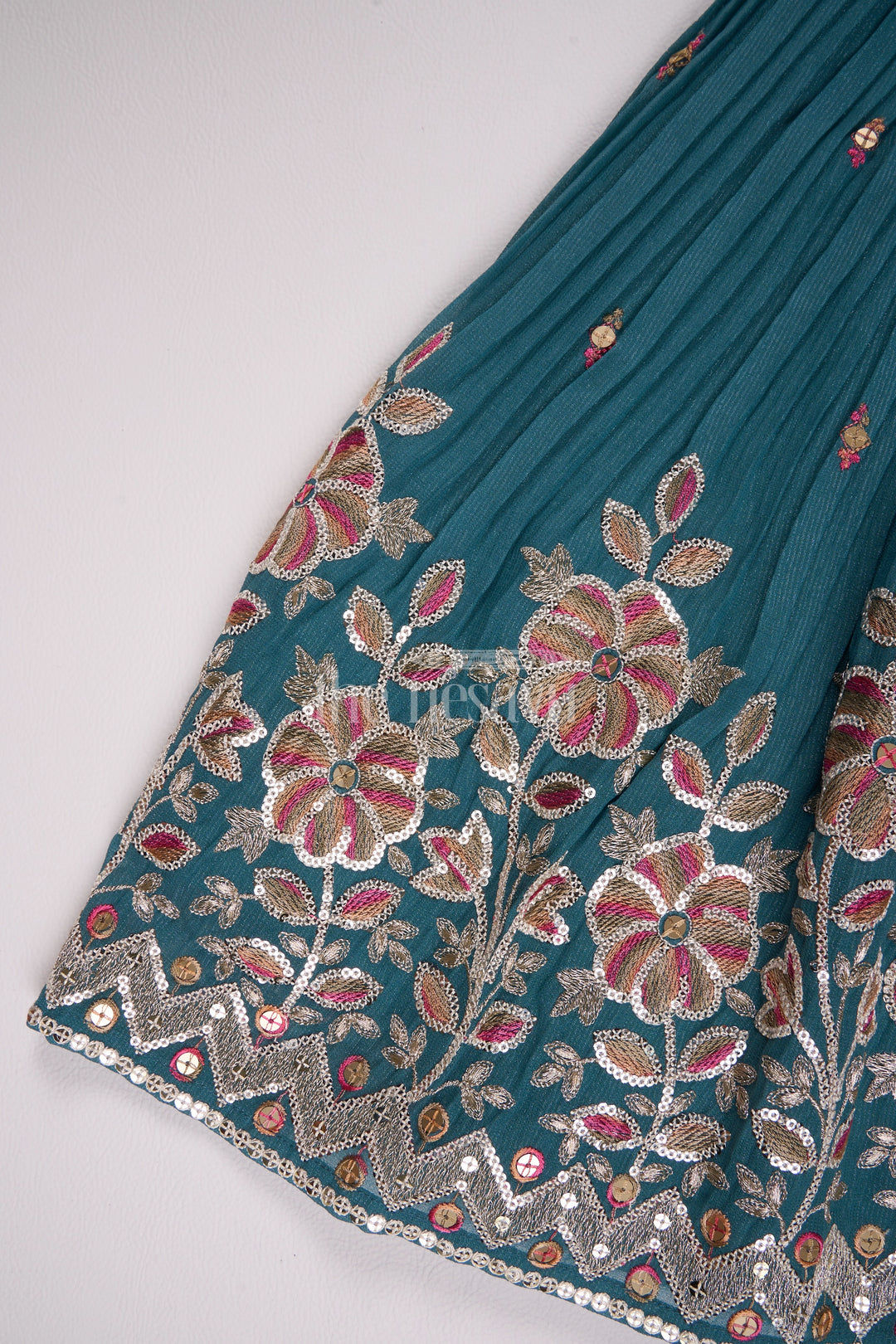 Teal Pure Viscose Silk Lehenga Choli for Girls with Floral Embroidery and Sleeveless Blouse