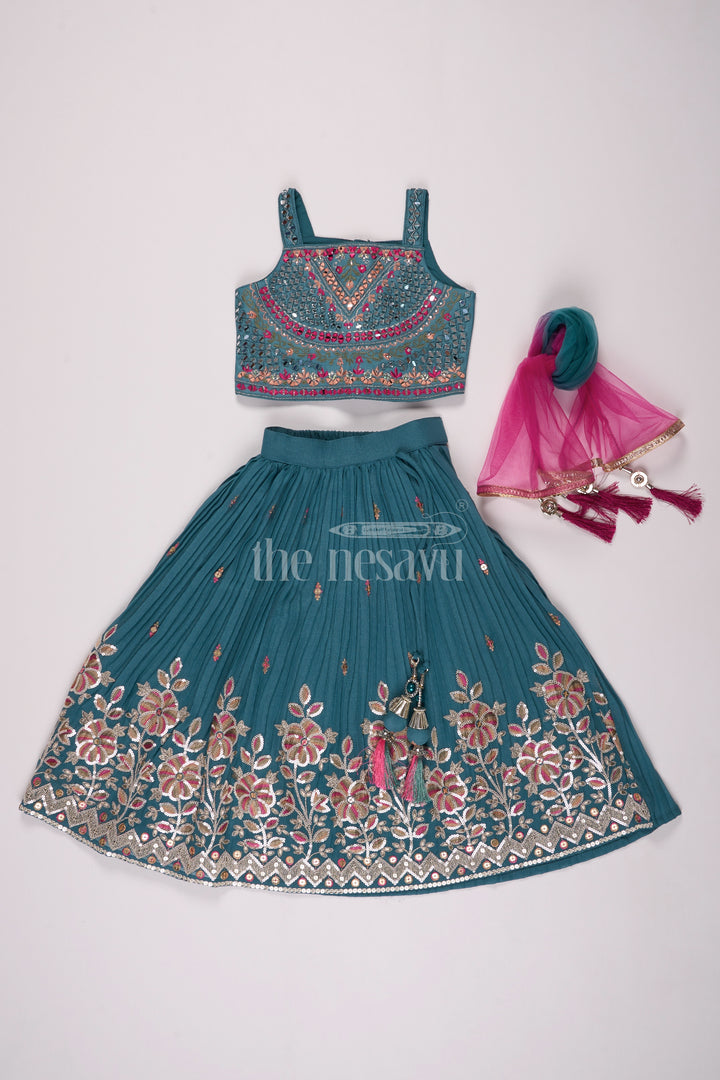 Teal Pure Viscose Silk Lehenga Choli for Girls with Floral Embroidery and Sleeveless Blouse