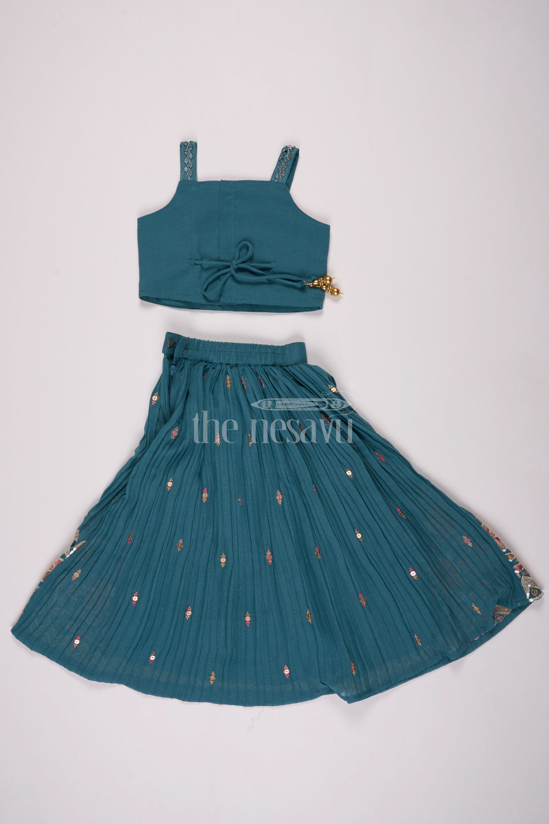 Teal Pure Viscose Silk Lehenga Choli for Girls with Floral Embroidery and Sleeveless Blouse