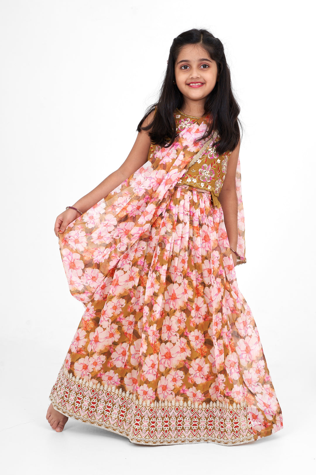 Girls Lehenga Choli Organza Printed Multicolor Pongal Lehenga