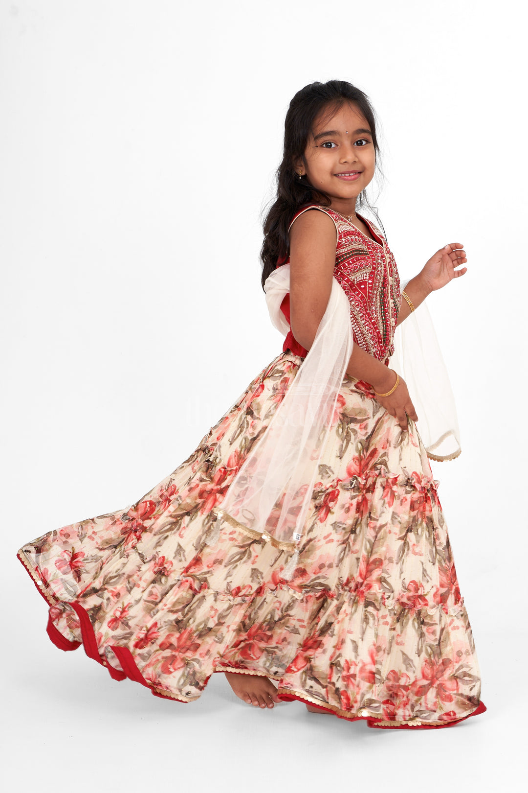 Girls Red Georgette Lehenga Choli with Floral Print – Perfect for Festive Occasions