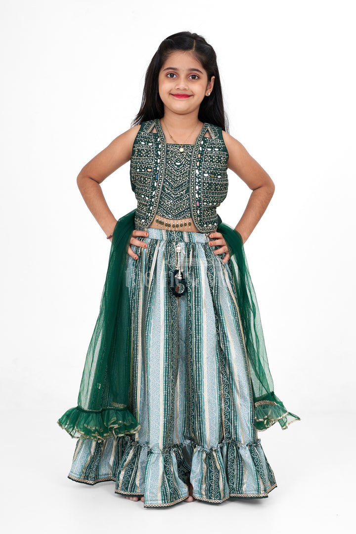 Girls Green Georgette Lehenga Choli with Lurex Stripes – Festive Wear for Stylish Girls