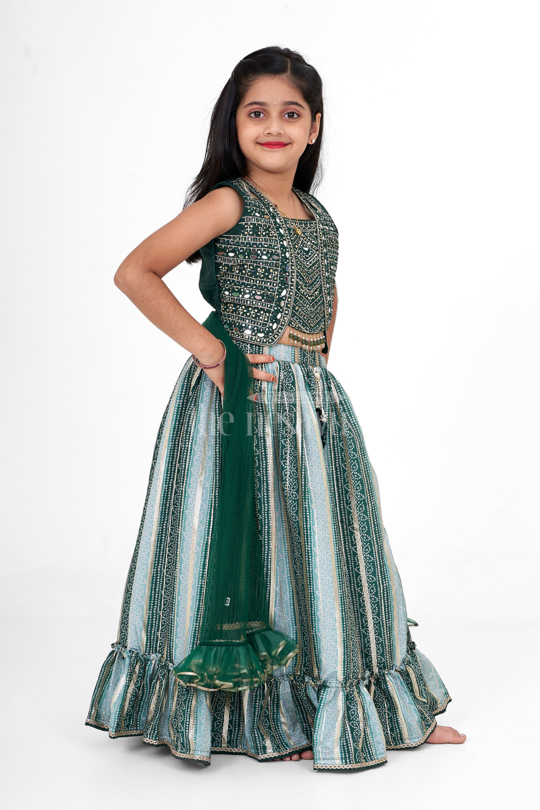 Girls Green Georgette Lehenga Choli with Lurex Stripes – Festive Wear for Stylish Girls