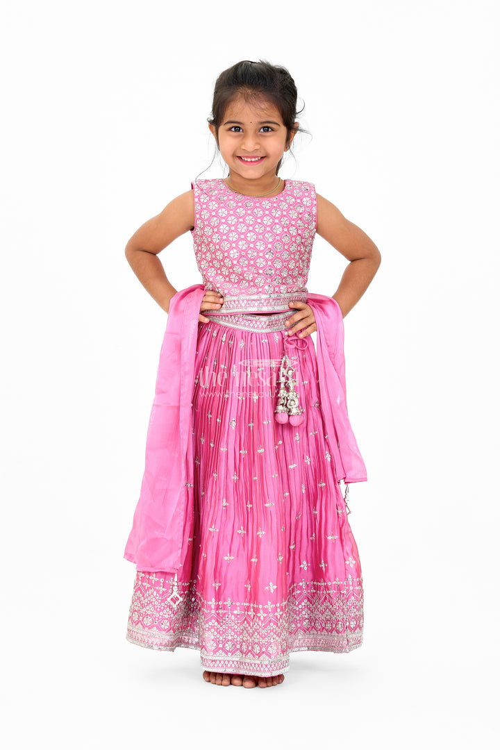 Girls Pink Chinon Organza Embroidered Lehenga Choli for Christmas Attire