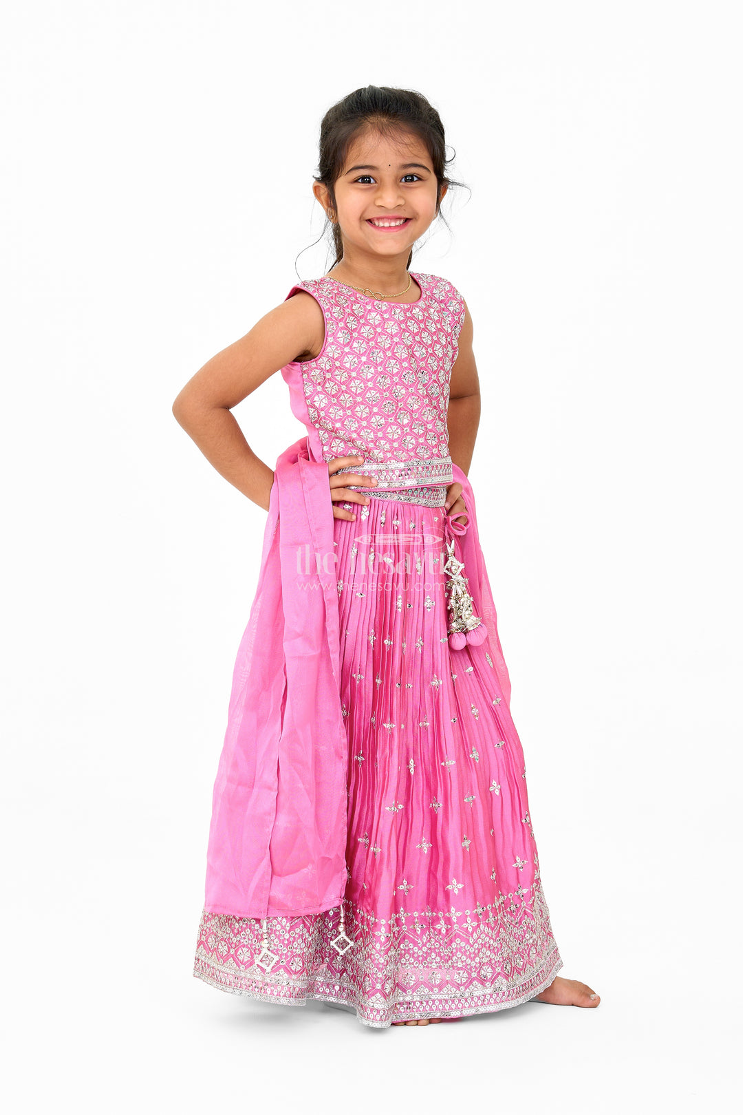 Girls Pink Chinon Organza Embroidered Lehenga Choli for Christmas Attire