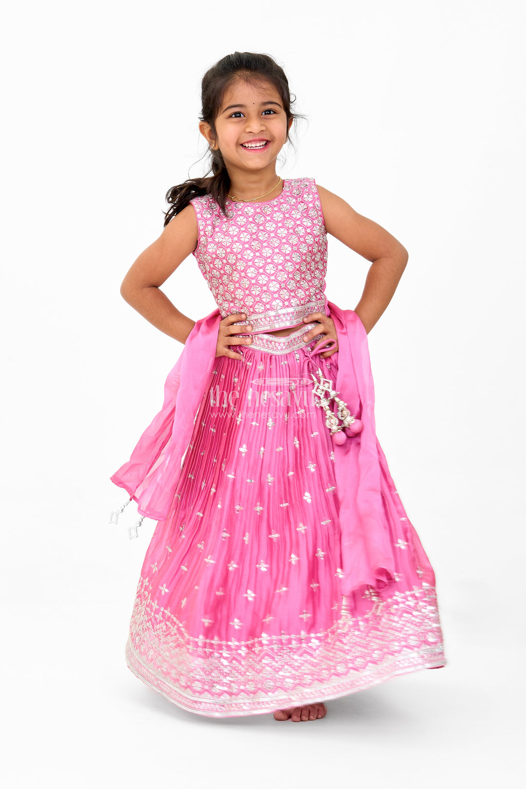 Girls Pink Chinon Organza Embroidered Lehenga Choli for Christmas Attire