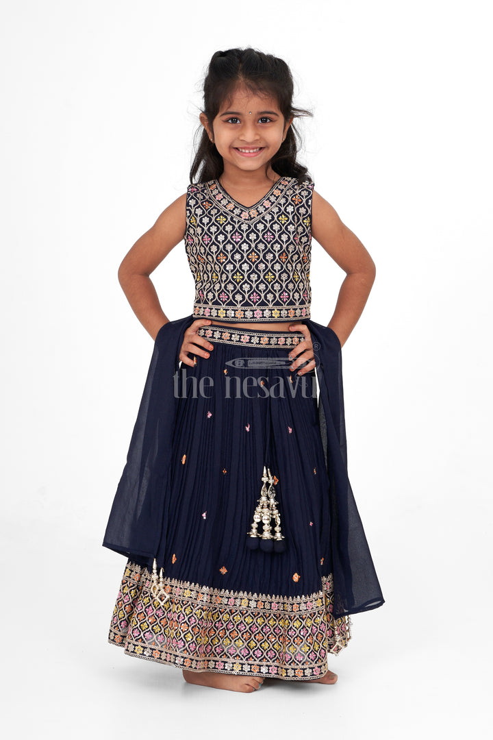 Designer Embroidered Chinon Dark Blue Lehenga Choli for Girls with Intricate Detailing