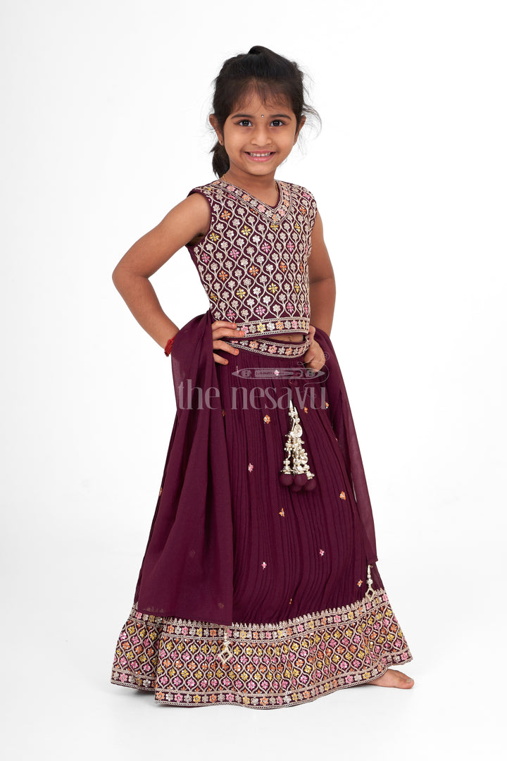 Designer Embroidered Chinon Purple Party Wear Lehenga for Girls in Purple with Intricate Detailing