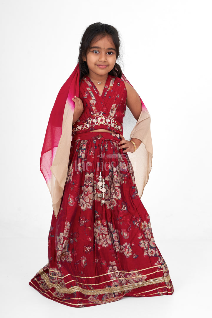 Girls Choli Ghagra Choli Set in Chanderi with Floral Embroidery and Matching Dupatta for Festive Wear