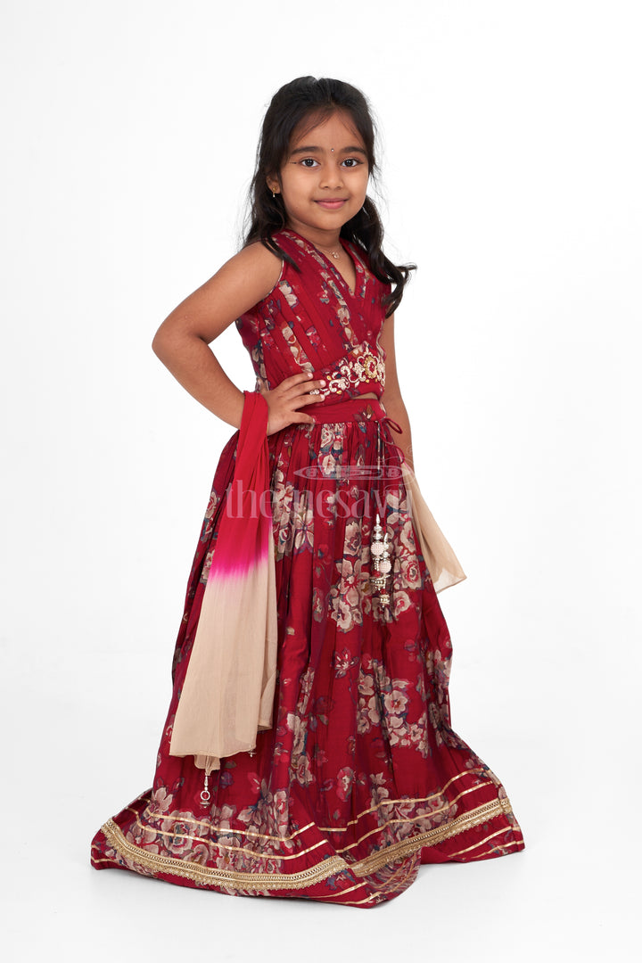 Girls Choli Ghagra Choli Set in Chanderi with Floral Embroidery and Matching Dupatta for Festive Wear