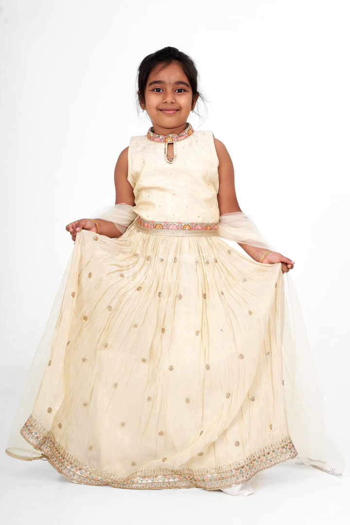 Classic Girls White Lehenga Choli in Pure Tissue Viscose Silk with Embellished Neckline