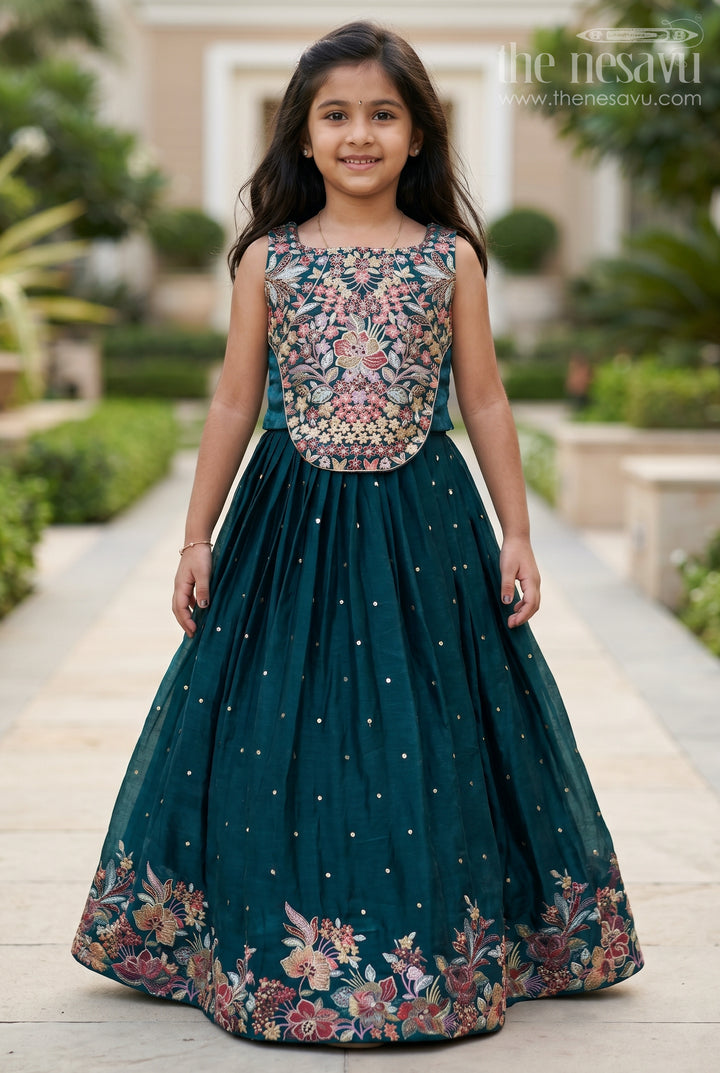 Dark Green Chinon Silk Girls Lehenga Choli with Designer Embroidery for Weddings and Special Events