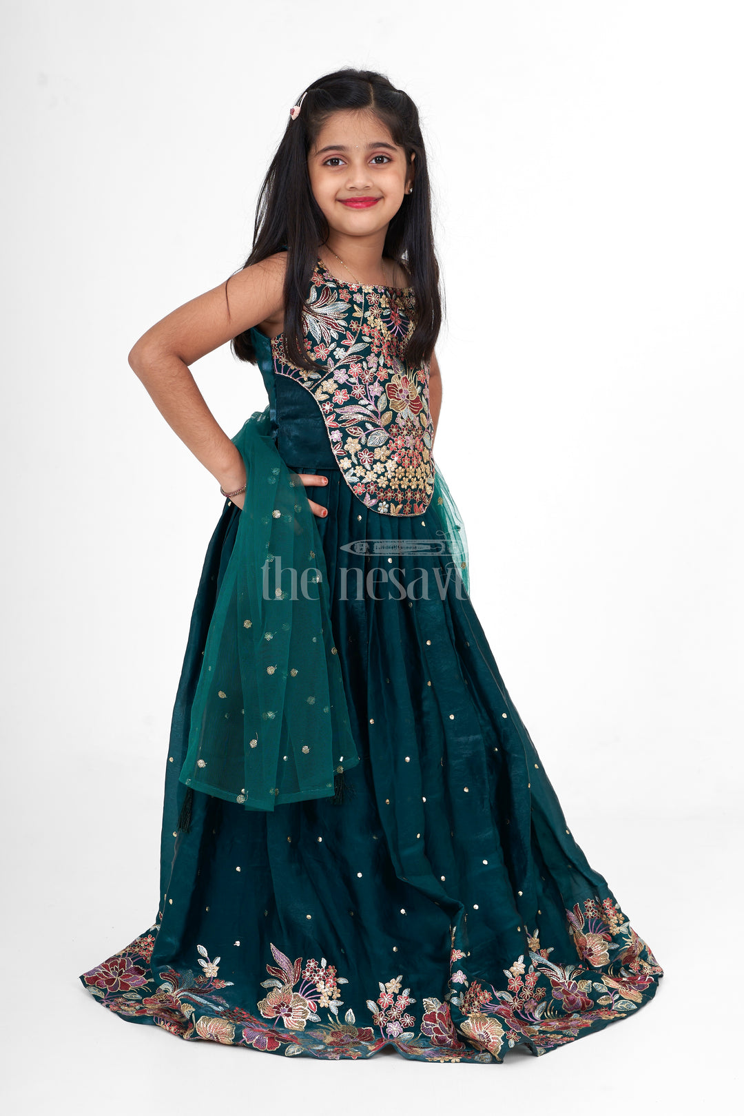 Dark Green Chinon Silk Girls Lehenga Choli with Designer Embroidery for Weddings and Special Events