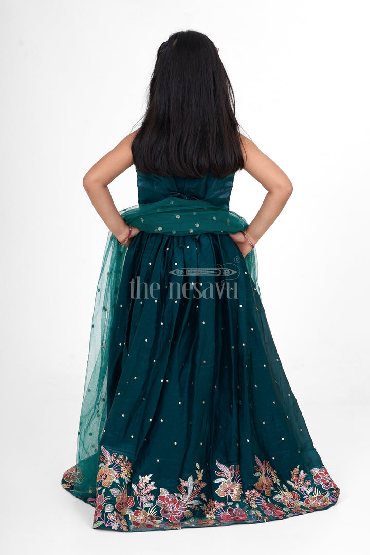 Dark Green Chinon Silk Girls Lehenga Choli with Designer Embroidery for Weddings and Special Events