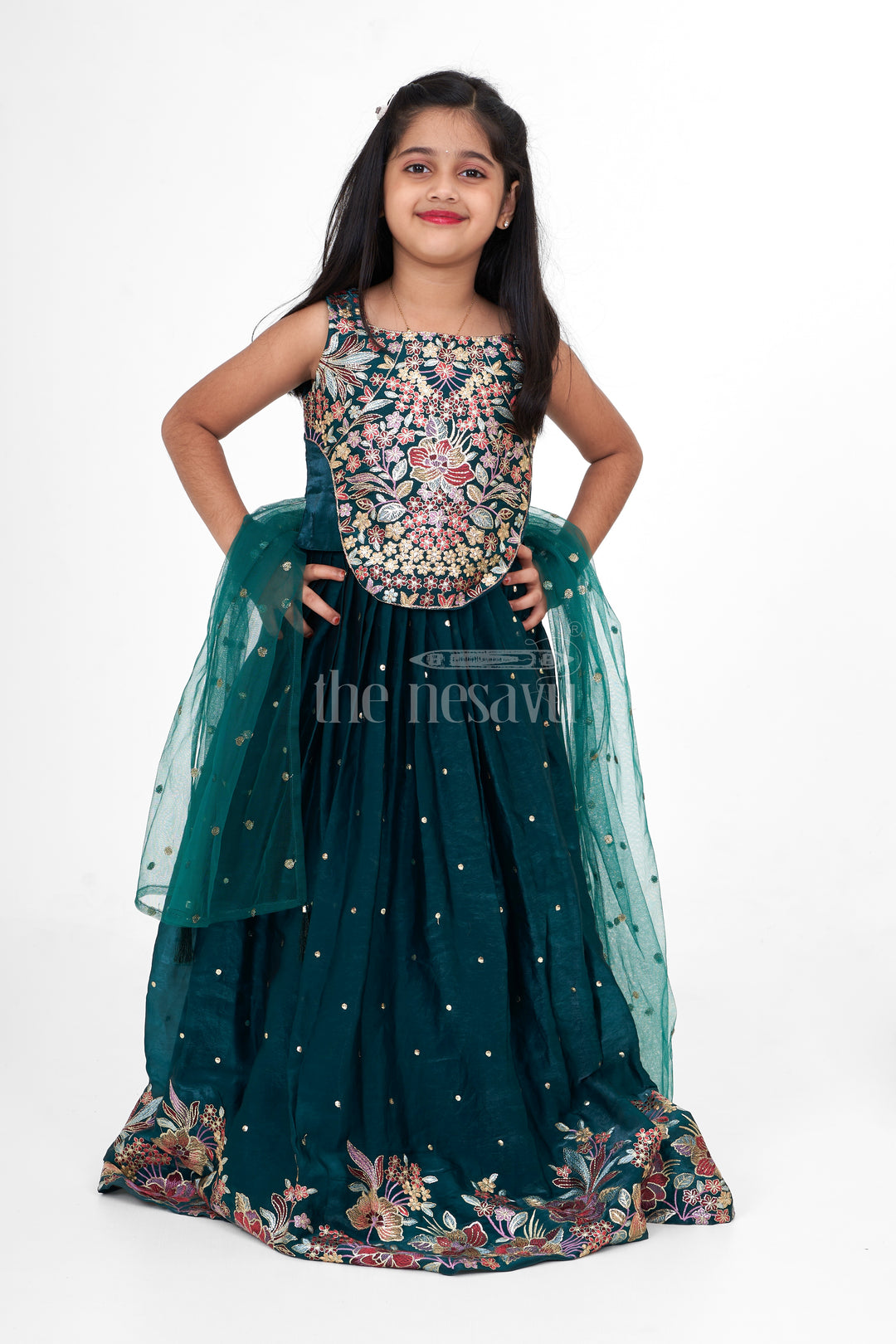 Dark Green Chinon Silk Girls Lehenga Choli with Designer Embroidery for Weddings and Special Events