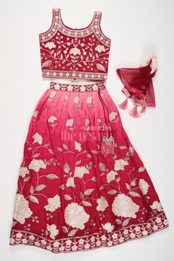 Maroon Chinon Silk Girls Lehenga Choli with Designer Thread Embroidery for Festive and Wedding Celebrations