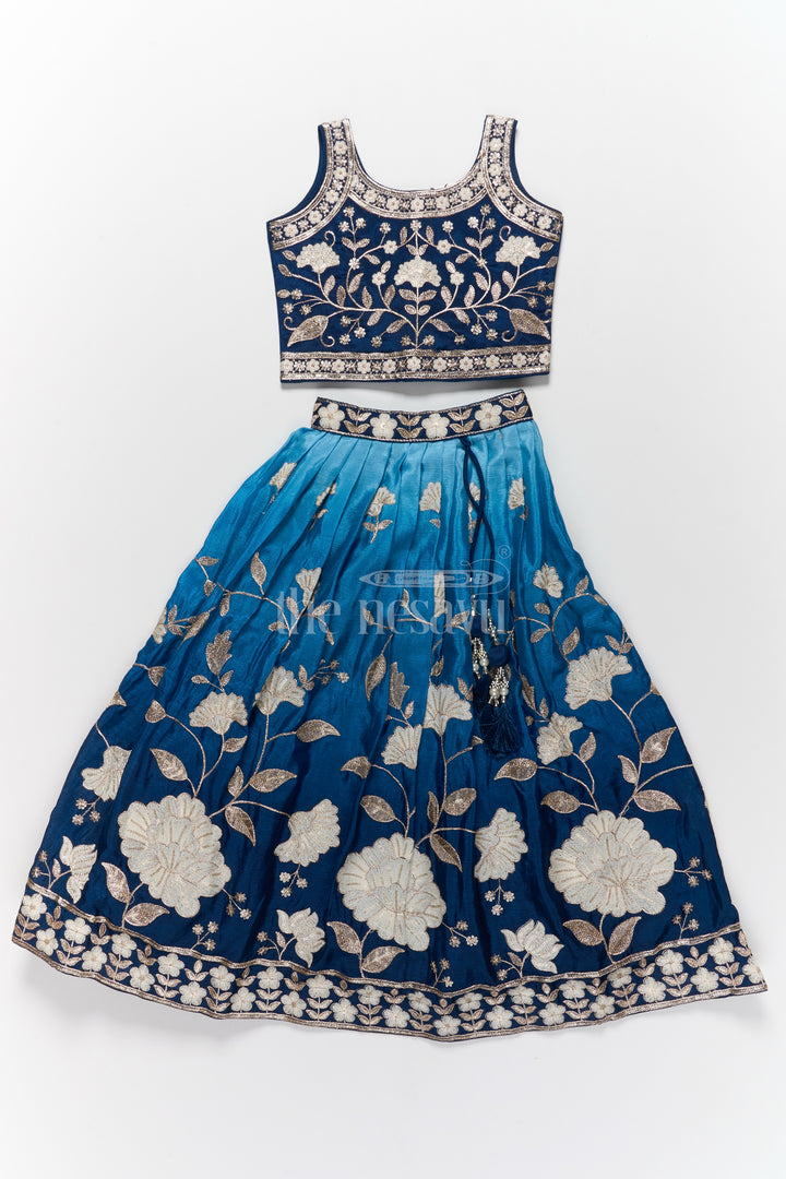 Girls Reception Lehenga in Navy Blue Muslin Silk with Floral Embroidery