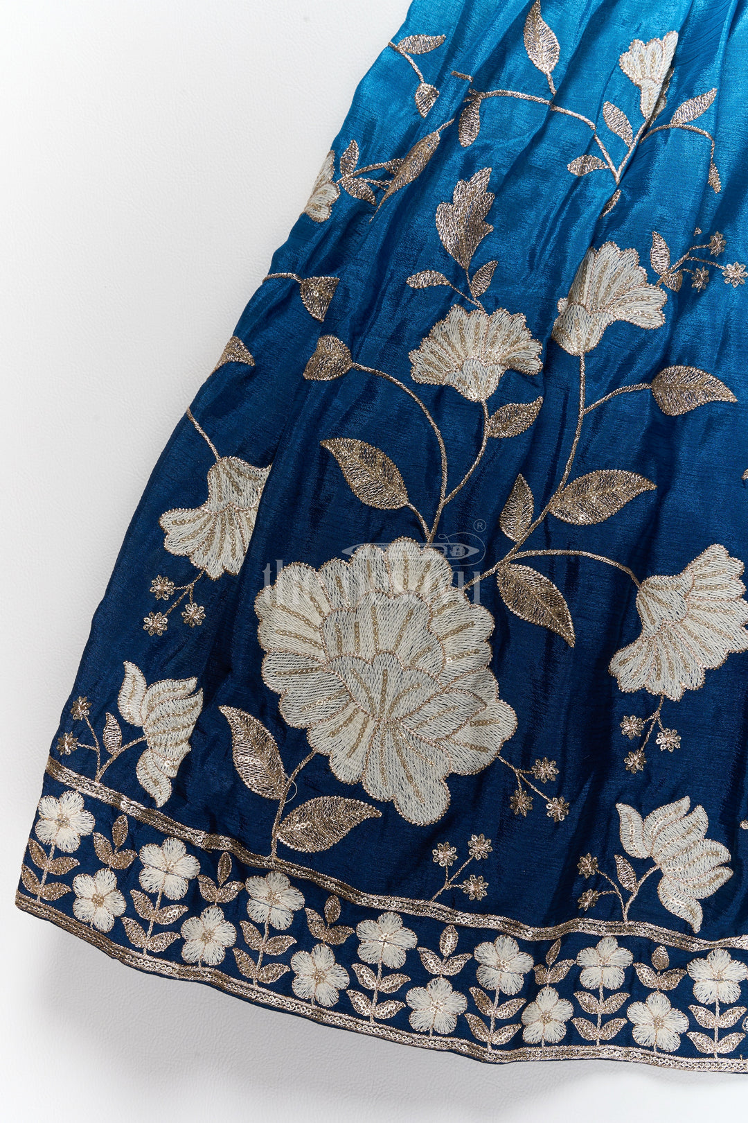 Girls Reception Lehenga in Navy Blue Muslin Silk with Floral Embroidery