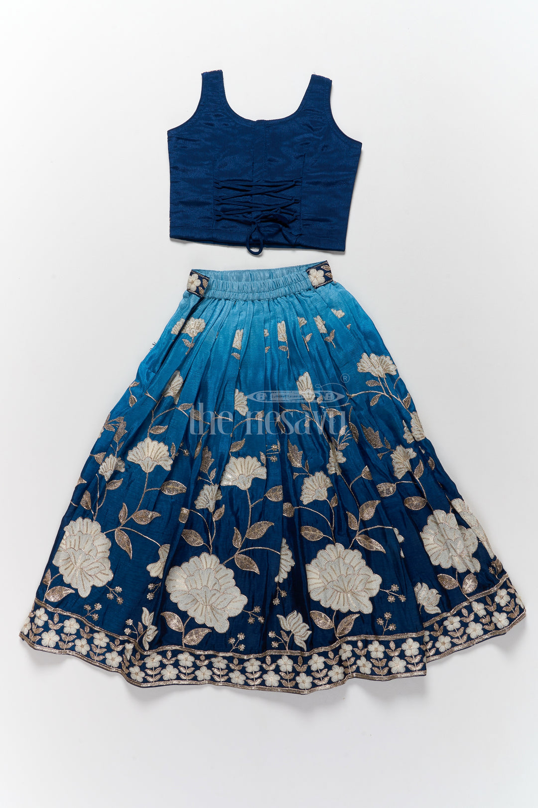 Girls Reception Lehenga in Navy Blue Muslin Silk with Floral Embroidery