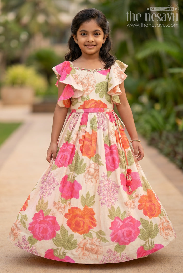 Girls Wedding Lehenga in Cream Floral Muslin Silk with Ruffle Sleeves