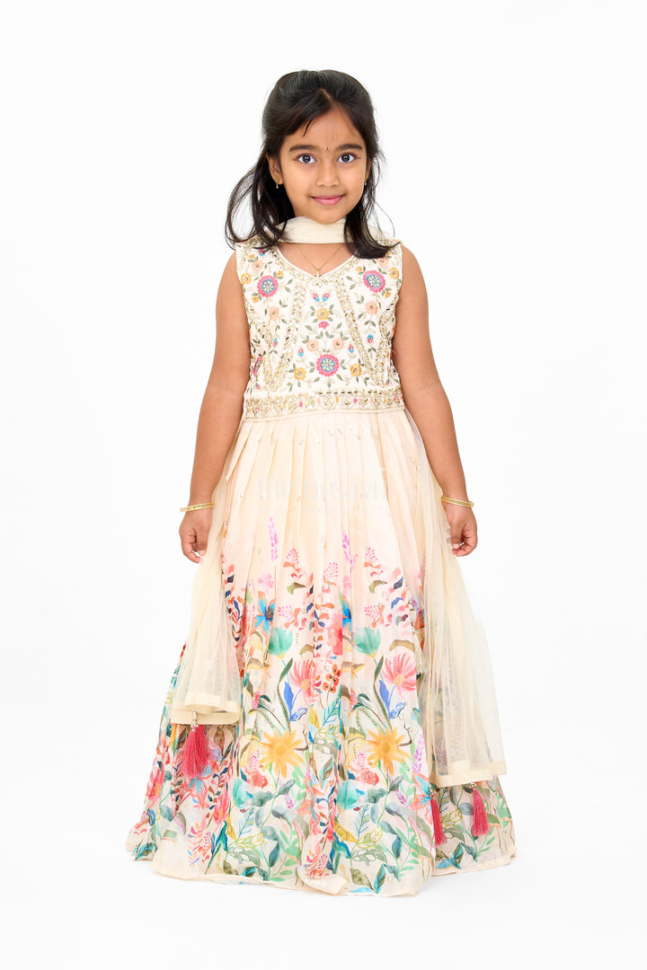 Girls Georgette Embroidered Party Wear Lehenga with Floral Printed Skirt