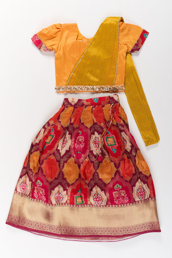 Vibrant Mustard and Red Silk Lehenga Choli for Girls with Embroidered Dupatta