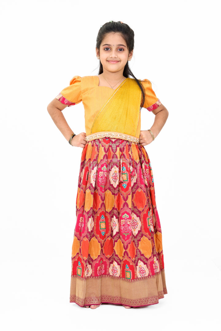 Vibrant Mustard and Red Silk Lehenga Choli for Girls with Embroidered Dupatta