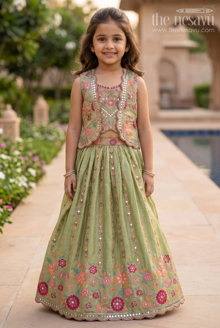 Exquisite Green Lehenga for Girls with Floral Embroidery and Mirror Work Choli